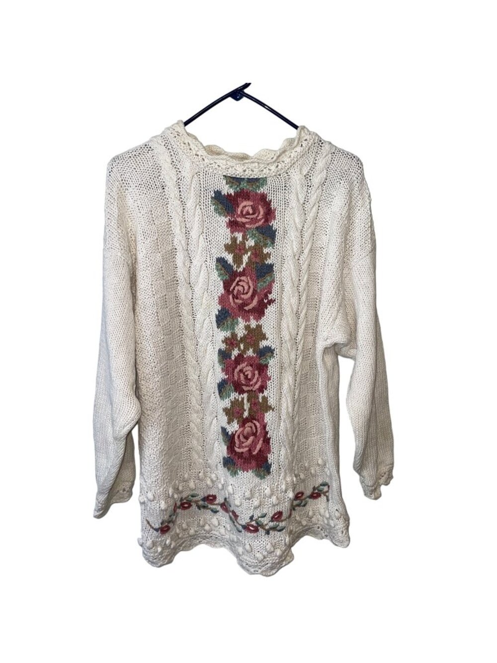 Arendine Women's Rose Pattern Knit Sweater Size L 55% Ramie 45% Cotton White